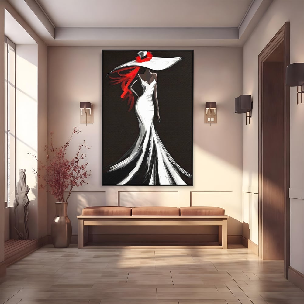 Tablou canvas cu tablou canvas cu silueta de femeie in rochie alba, in rama de aluminiu negru